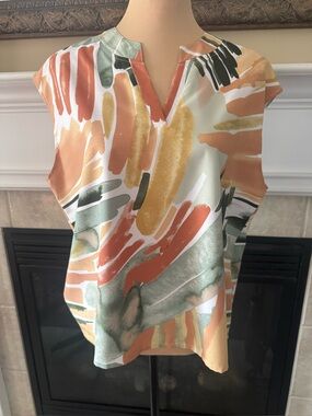NWOT Abstract Brushstroke Cap-Sleeve Top - Multi Color XL Lightweight